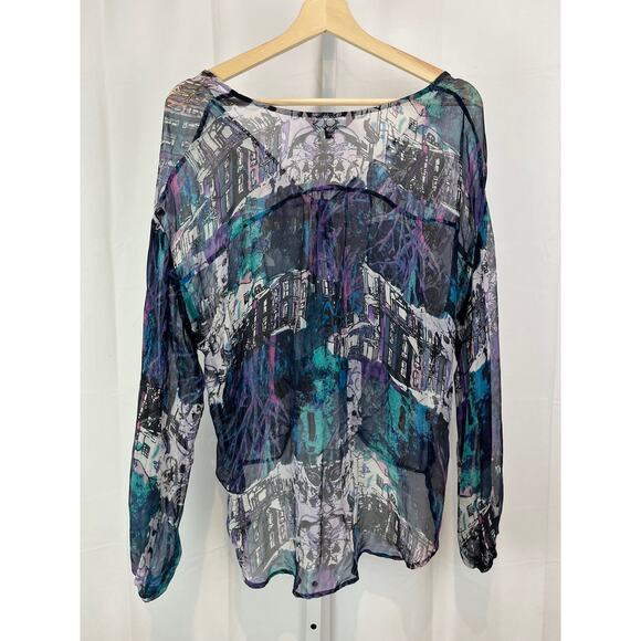 SINGLE City M Print Silk Long Sleeve Wrap Top Hi Low Sheer Multicolor Blue USA - Picture 2 of 10